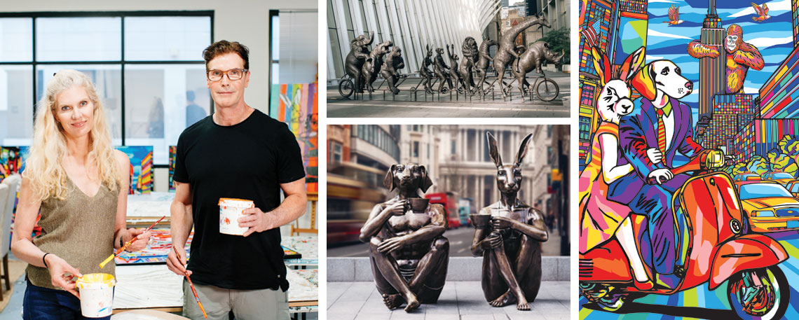Gillie and Marc in studio with sculptures and placement print